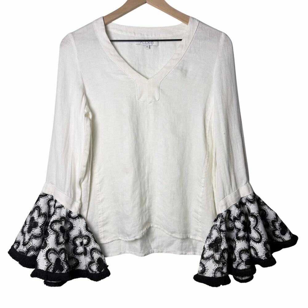 Alexis White V-Neck Long Sleeve Blouse Bell Sleeves Black Floral Print size S